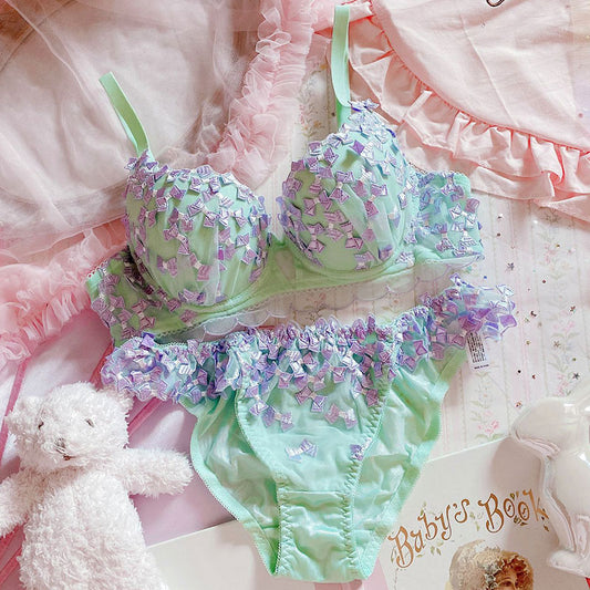 Japanese embroidered bowknot mesh bra set with steel ring