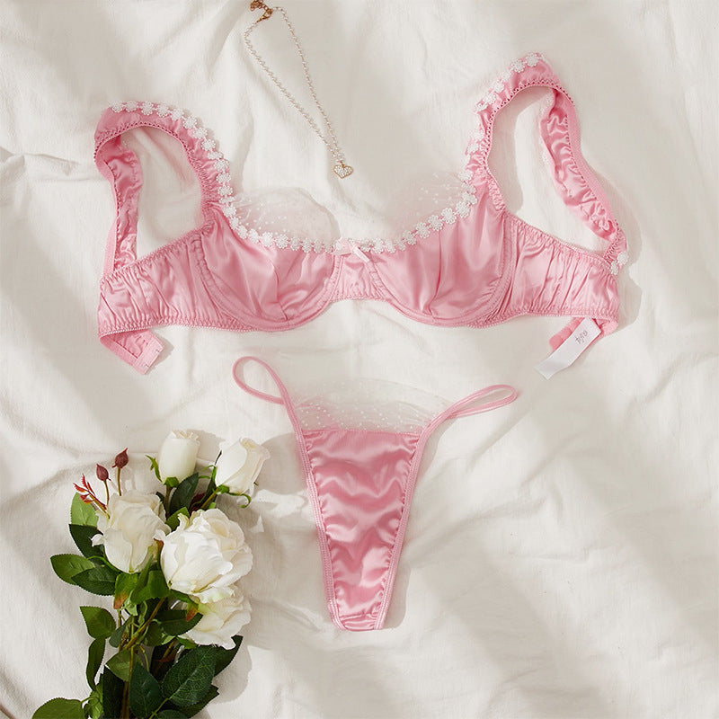 Pink Ruffle Girl Sexy Flower Bra Set -V String Set