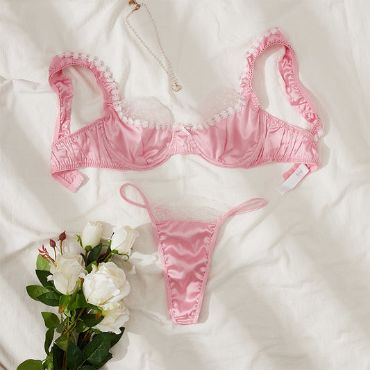 Pink Ruffle Girl Sexy Flower Bra Set -V String Set