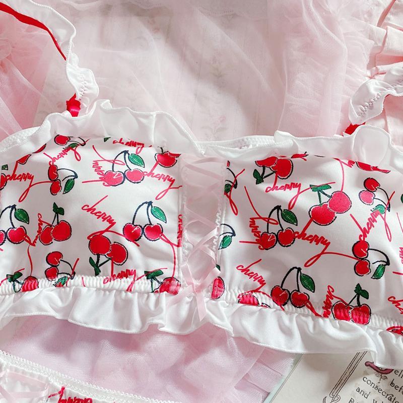 Cherry Ruffle Underwear Without Steel Ring Bra Set
