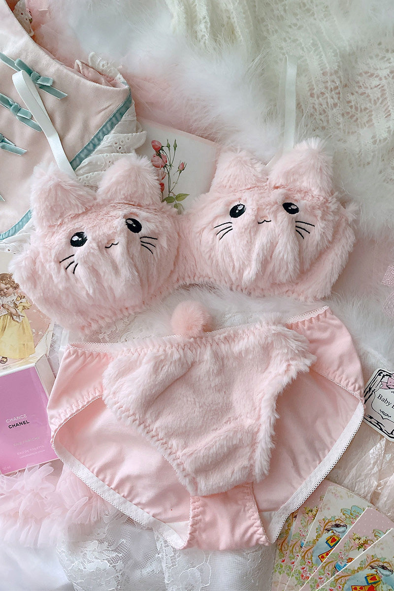 Japanese Cute Pink Plush Cat Embroidery No Steel Ring Bra Set
