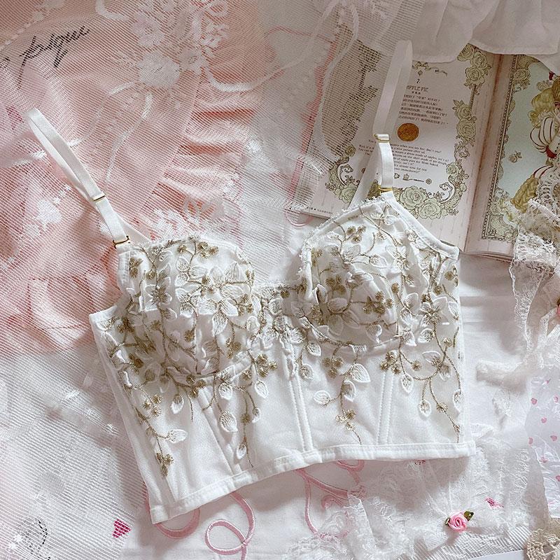 Romantic three-dimensional embroidered petals sweet lace soft steel ring bra