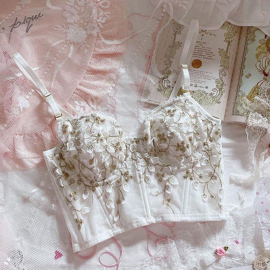 Romantic three-dimensional embroidered petals sweet lace soft steel ring bra