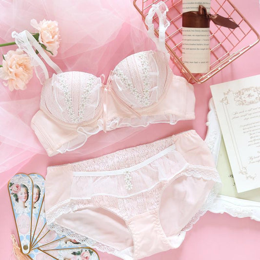 Japanese girl sweet and cute little daisy lace mesh gauze edge no steel ring micro gather bra set