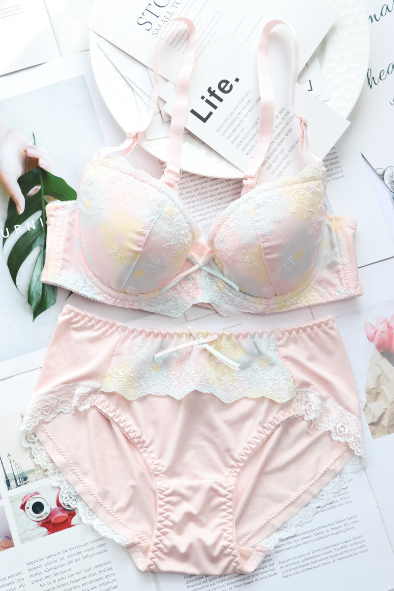 Pastel Pink Ruffle Lace Girly Dot Flower Sweetie Heart Bra Set