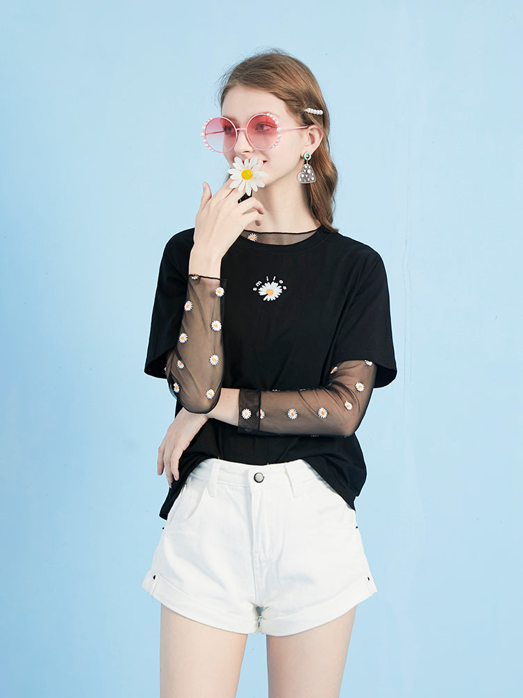 Aesthetic Japanese daisy transparent t-shirt with mesh bottoming shirt