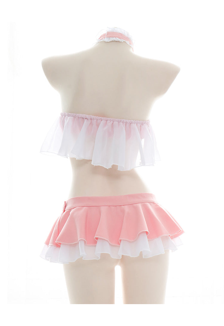 Rüschen Rosa Anime Kawaii Japanisches Halsband Schürze Dienstmädchen Bikini Set 