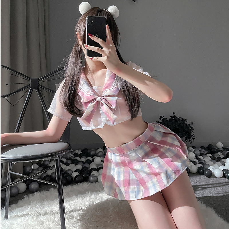 Rosafarbenes japanisches sexy Schulmädchen-Dessous-Kostüm-Set 