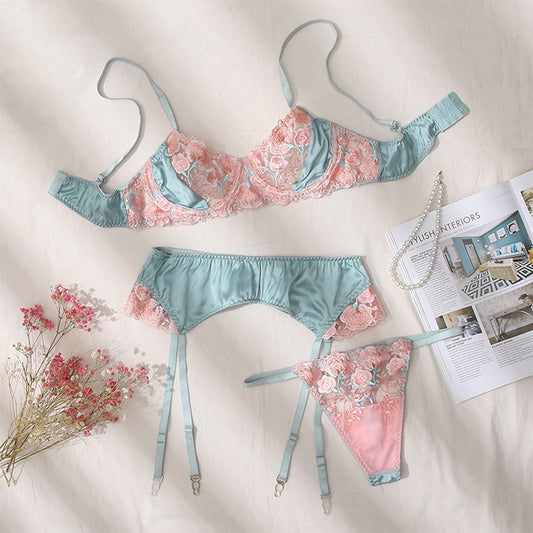 Green Ruffle Girl Sexy Flower Bra Set -V String Set