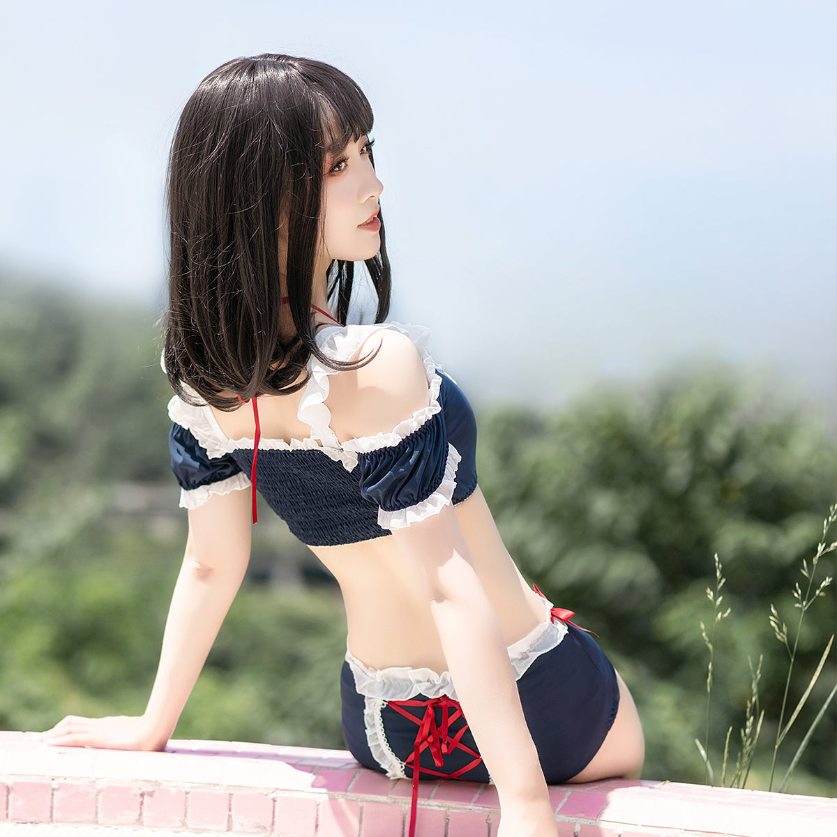 Japanese Cute Ruffle Pink Flower Swimsuit