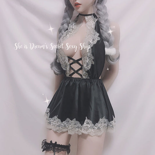 Fresh Lace Open Cup Sexy Sheer See Through Black Lingerie Set