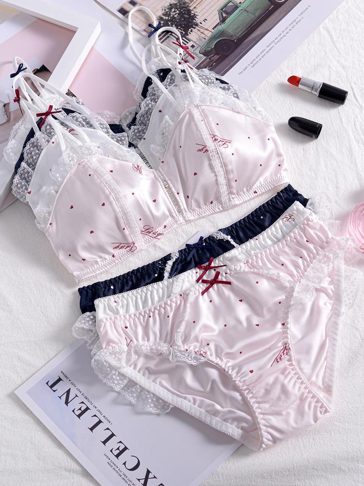 Sofyee Love Satin Dot Pastel Pink Bralette Set