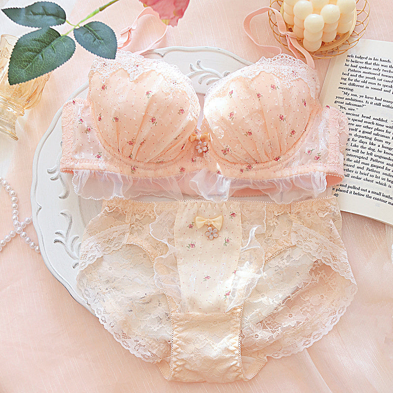 Dot Flower  Ruffle Angel Japanese Cute Bra Set