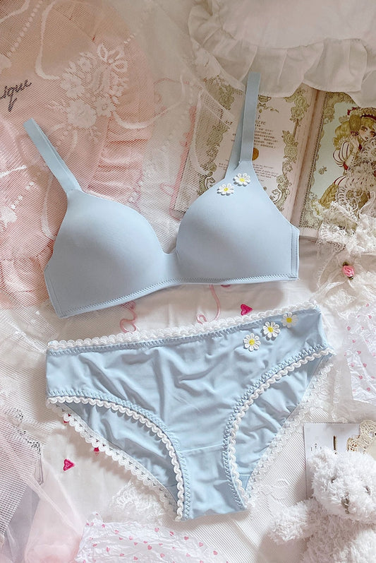 Blue little daisy ice silk seamless thin and no steel ring bra set
