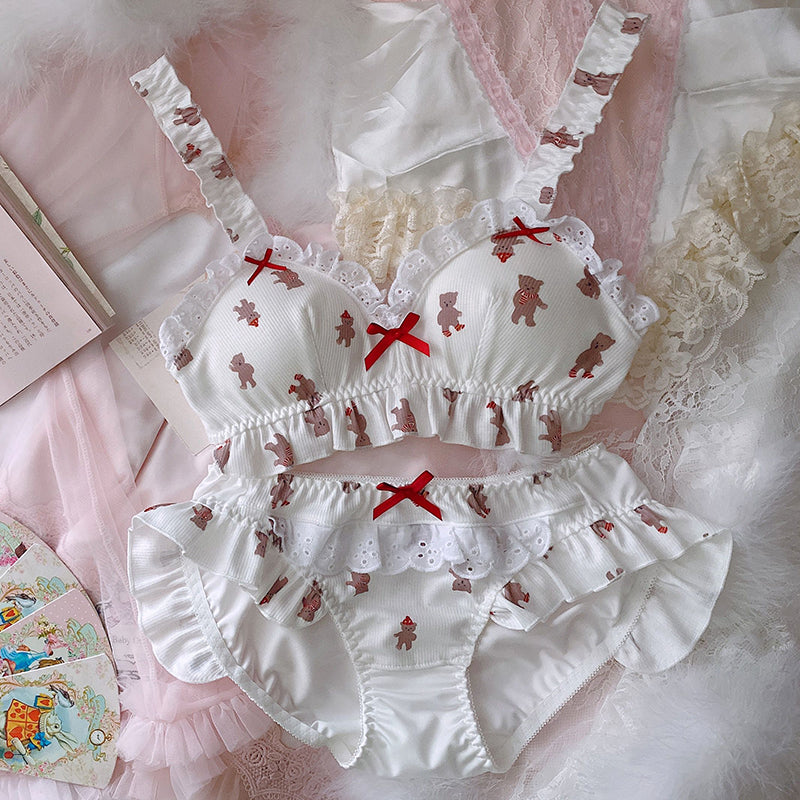 Sofyee  Japanese Soft Girl Cute Teddy Bear Print Lotus Leaf Without Steel Ring Suit