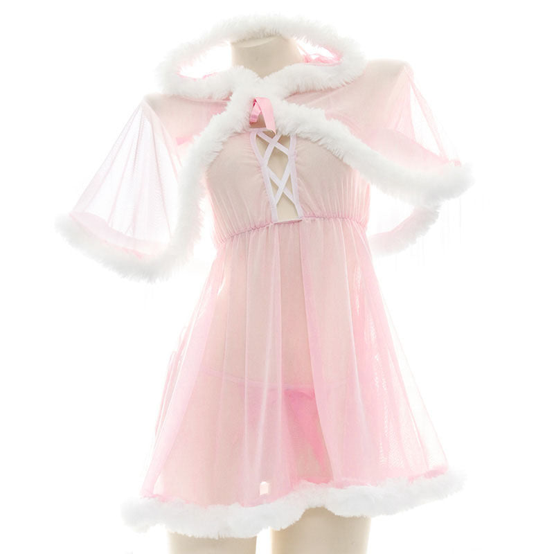 Japanische Strickjacken Sexy rosa Nachthemden – Rüschen-transparentes Babydoll