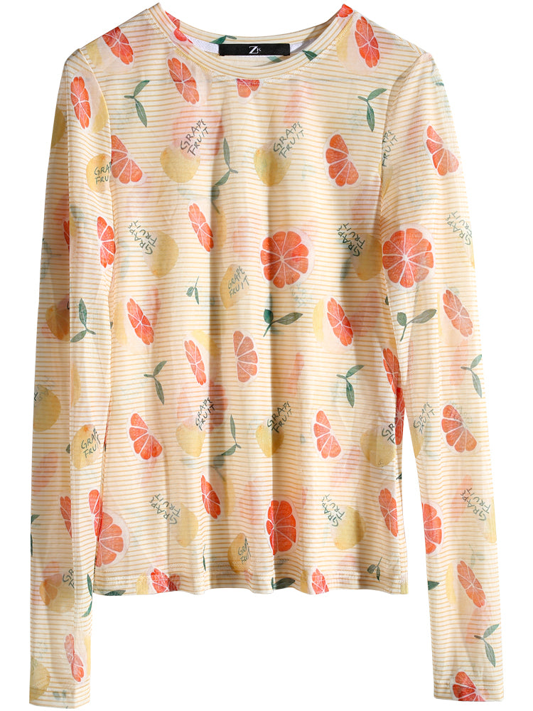 かわいい日本のボトムTシャツピンストライプハイストレッチメッシュプリント長袖