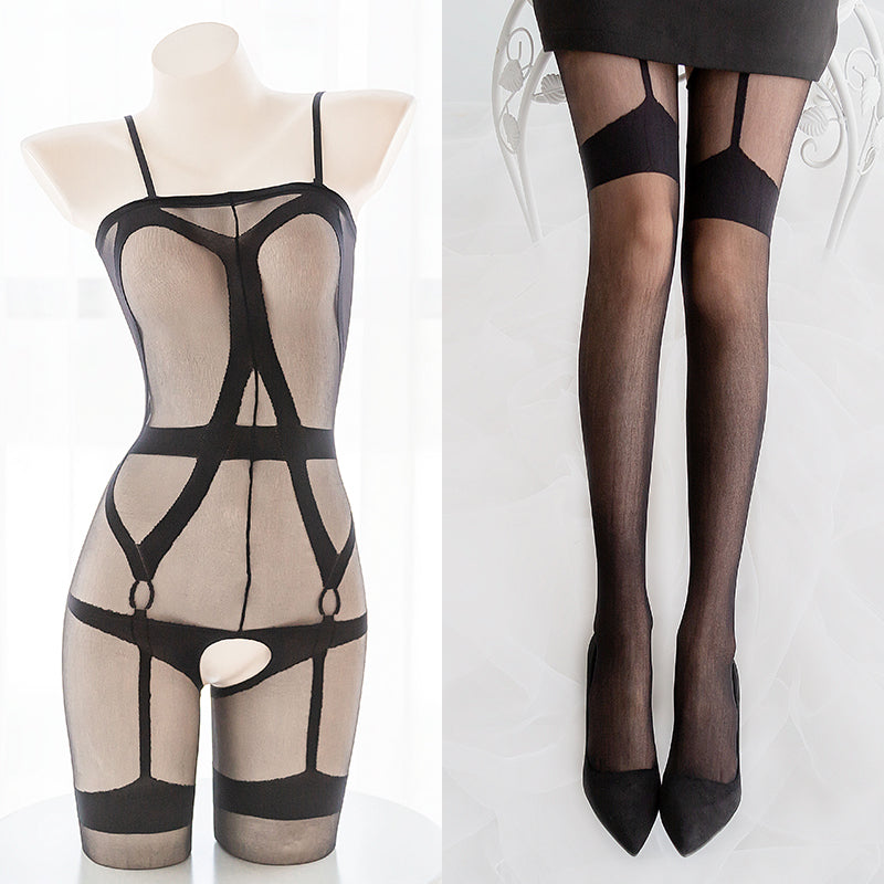 Garter Belts Sexy Black Sheer Seductive Bondage Fishnet Body Stocking