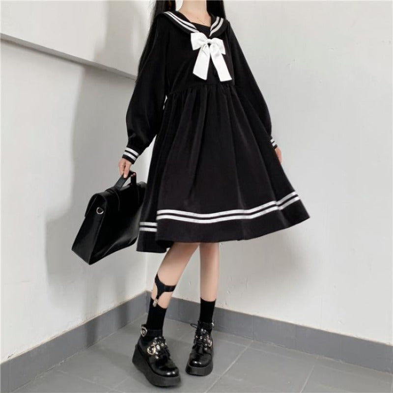 Dark sweet girl navy collar high waist slim long sleeve dress