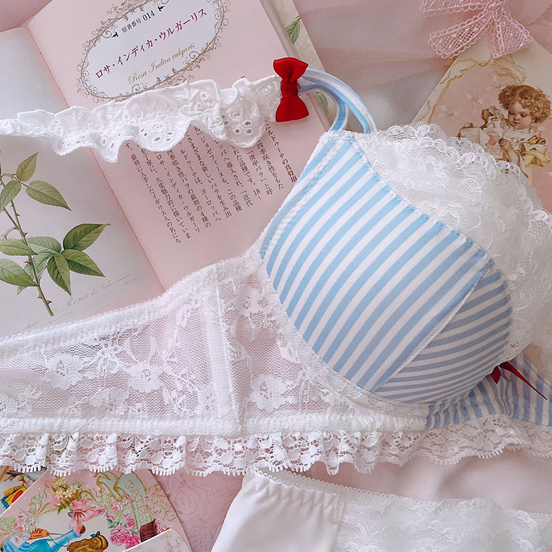 Japanese Girl Cute Sexy Blue Striped Cake Lace Plus Size Bra Set