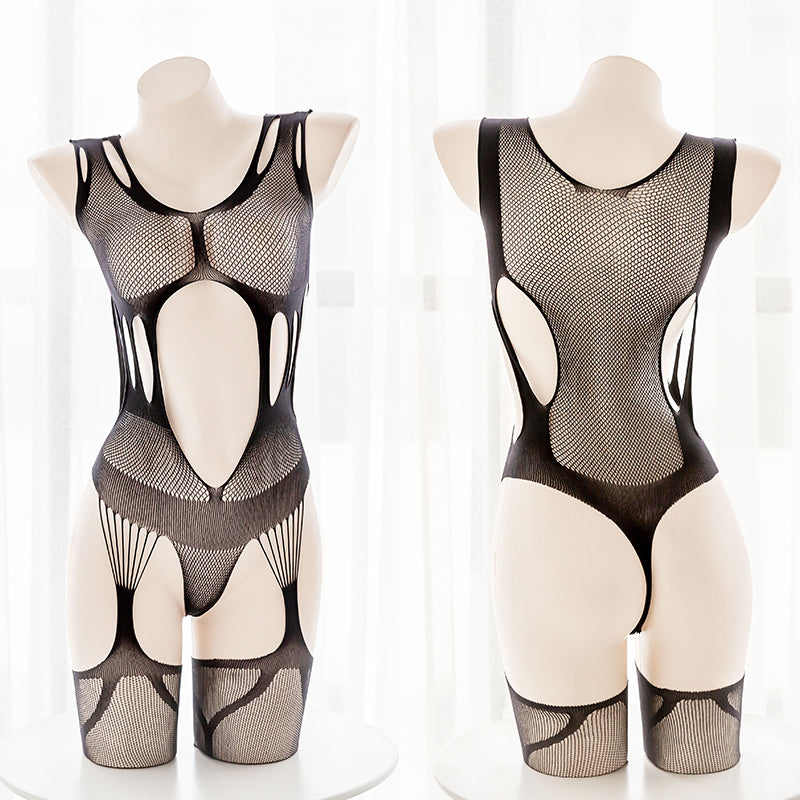 Offener schwarzer, durchsichtiger, verführerischer Bondage-Fischnetz-Bodystocking 
