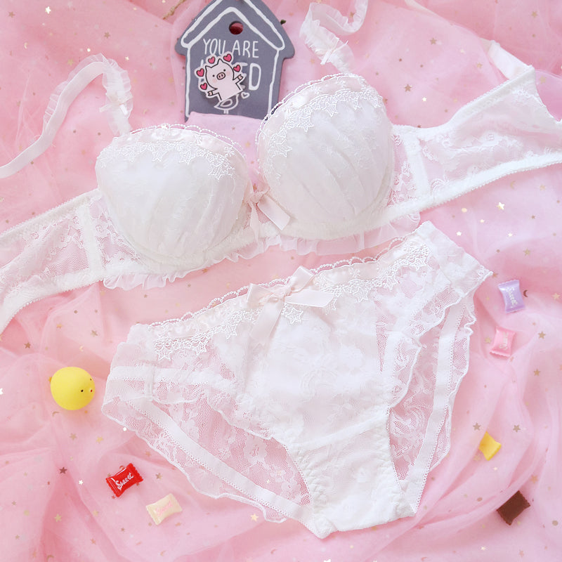 Ruffle Blossom Lace  Embroidery Bras And Panty Set