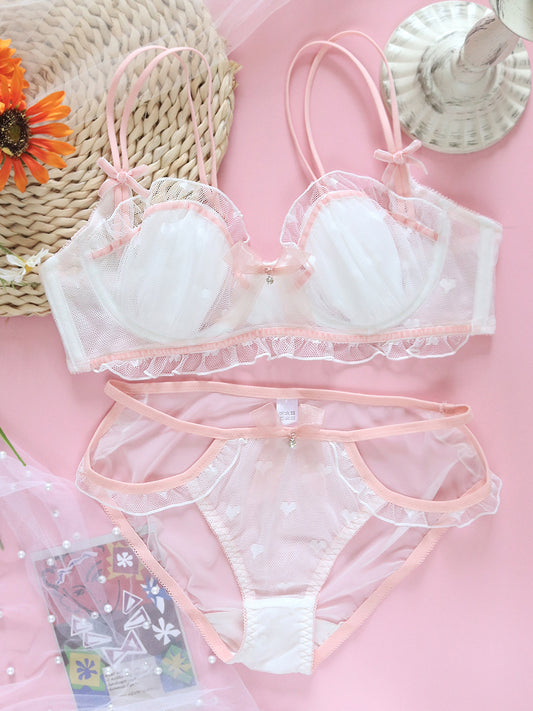 Japanese girl white love net yarn sweet and cute bow with steel ring bra set