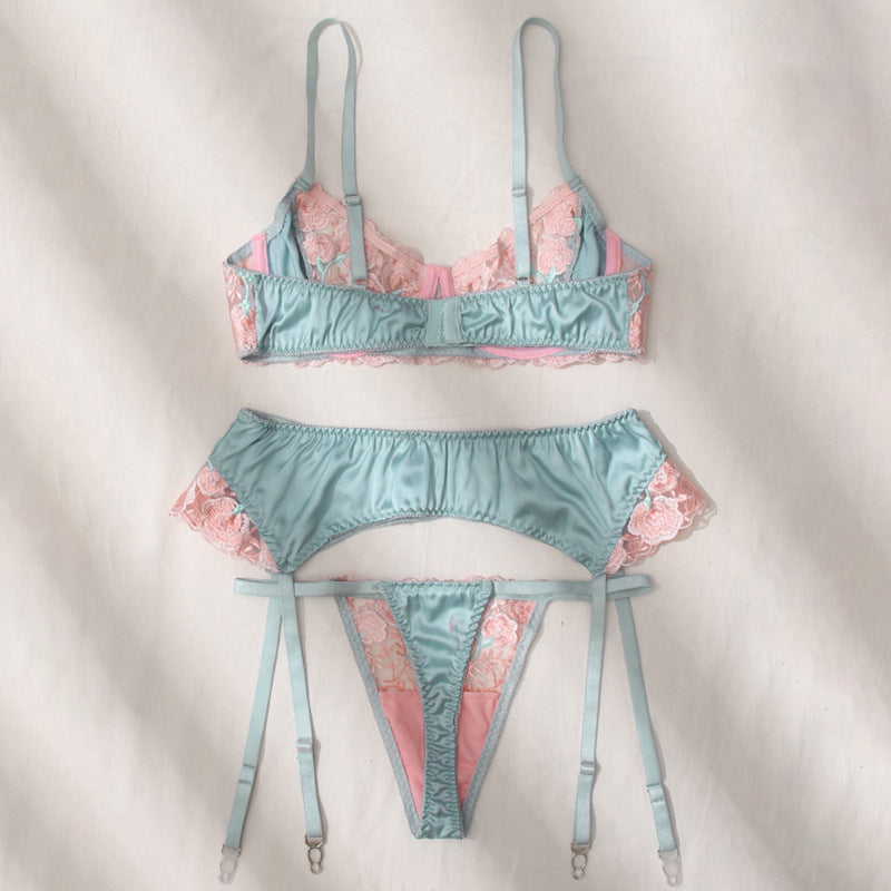 Green Ruffle Girl Sexy Flower Bra Set -V String Set