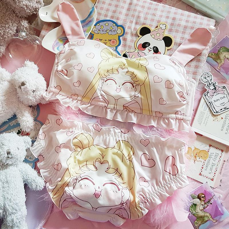 Japanese Soft Girl Sailor Moon Cute Pink Bunny Ears Tube Top Style No Steel Ring Bra Set