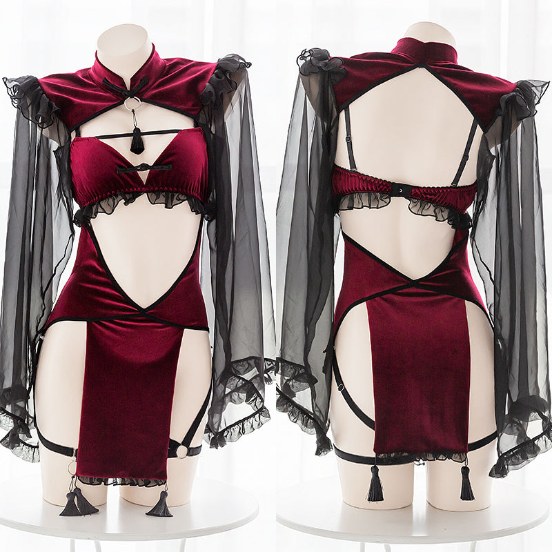 Hollow sexy cheongsam halter dress sexy lingerie set