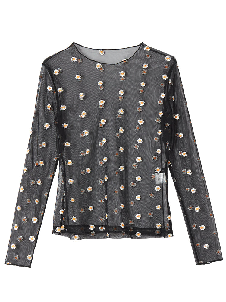 Aesthetic Japanese daisy transparent t-shirt with mesh bottoming shirt