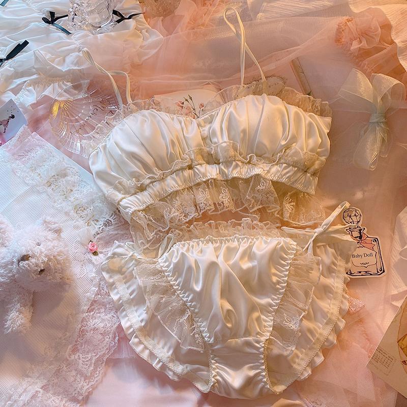 Japanese girl retro palace style flower lace sexy no steel ring bra set