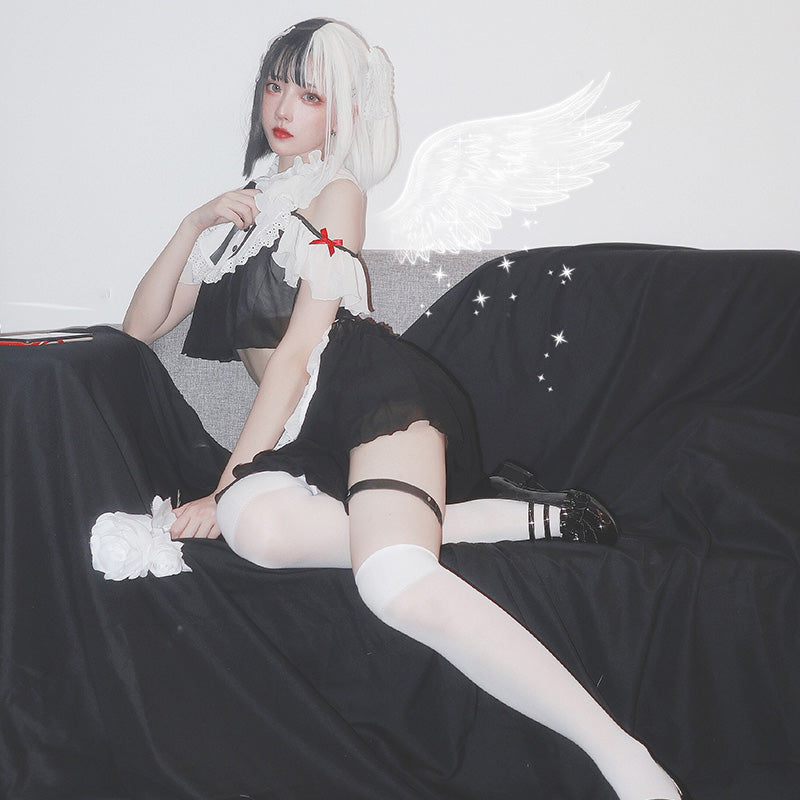 Sofyee Anime Kawaii Bow Japanese Black Maid Set