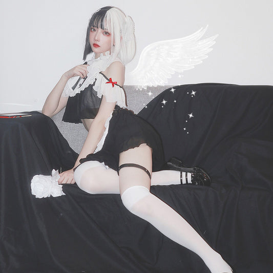 Sofyee Anime Kawaii Bow Japanese Black Maid Set
