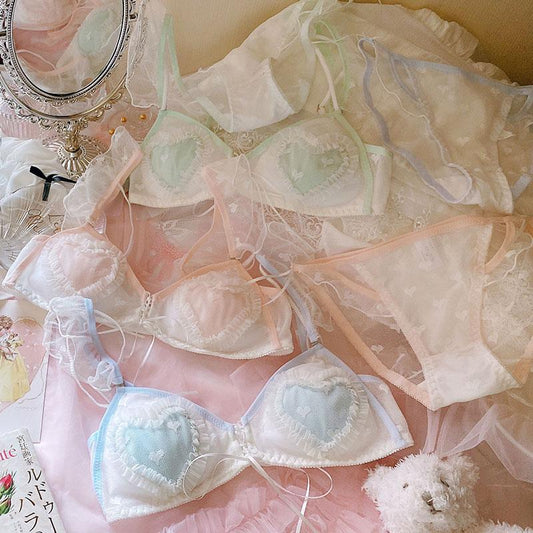 Japanese girl thin sweet cute sexy love mesh lace no steel ring triangle cup bra set