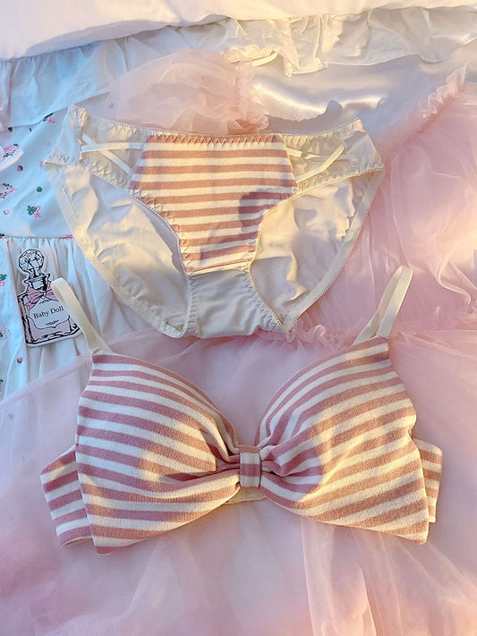 Sofyee Japanese Soft Girl BH-Set mit süßer rosa gestreifter Schleife, ohne Stahlring 