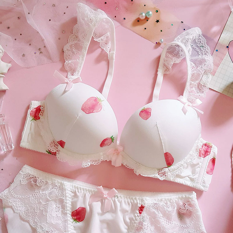 Japanese Strawberry Lace And Underwire Gather Bra Set