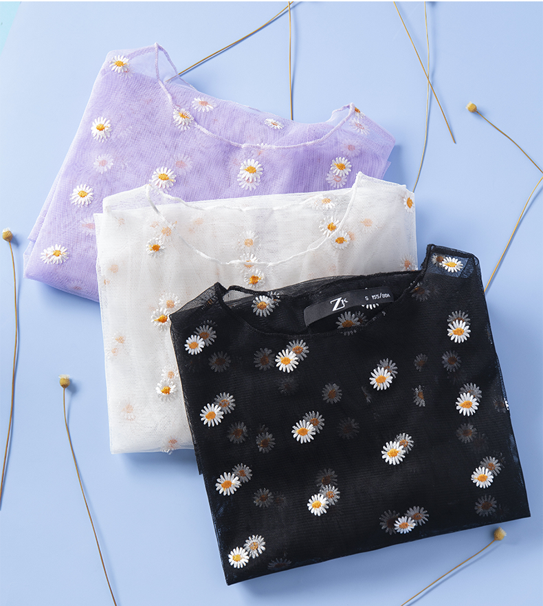 Aesthetic Japanese daisy transparent t-shirt with mesh bottoming shirt