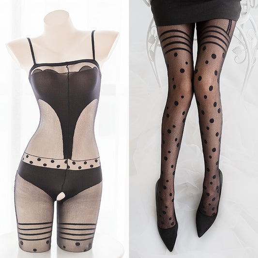 Polka Dots Sexy Black Sheer Seductive Bondage Fishnet Body Stocking