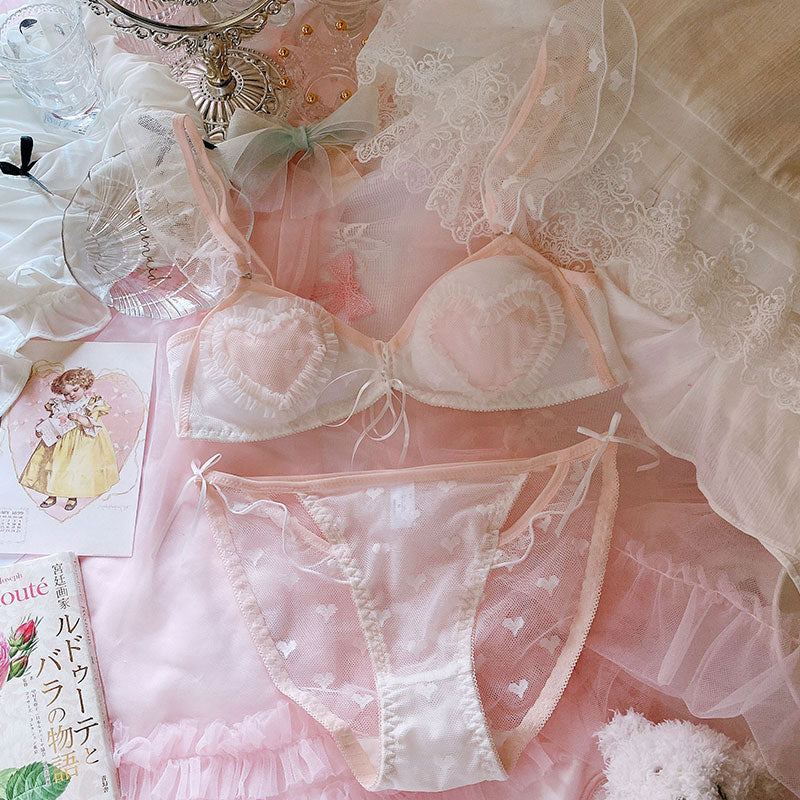 Sofyee  Japanese Sweet And Sexy Love Mesh Lace No Steel Ring Triangle Cup Bra Set