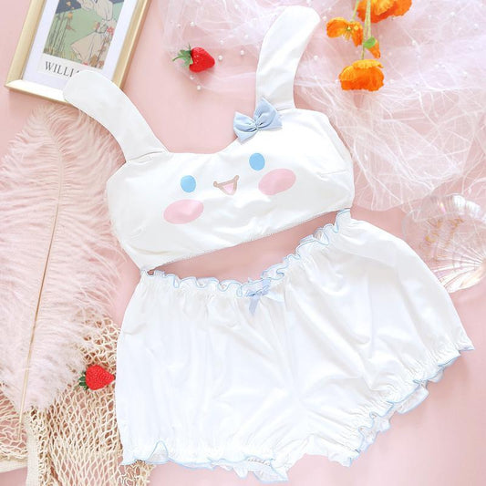 Bunny Japanese Kawaii Girly Green Lace Up Tube Top Lingerie Set