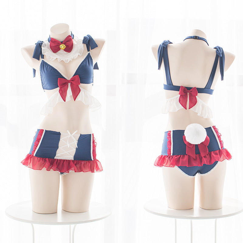 Sexy Japanese Kawaii Cat Flower Red Bow Maid Lingerie