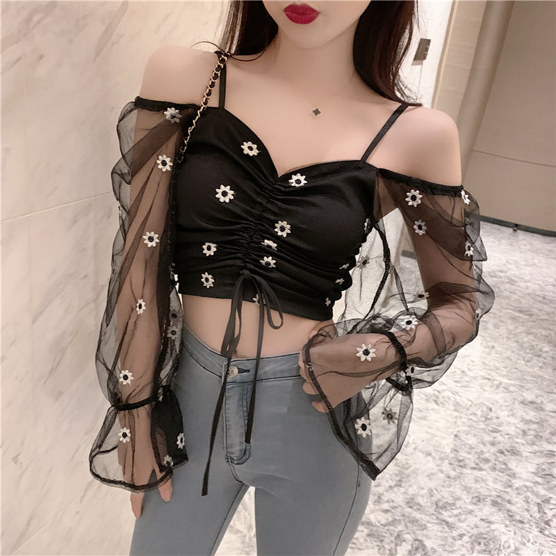 Mesh long-sleeved drawstring tight-fitting daisy sling