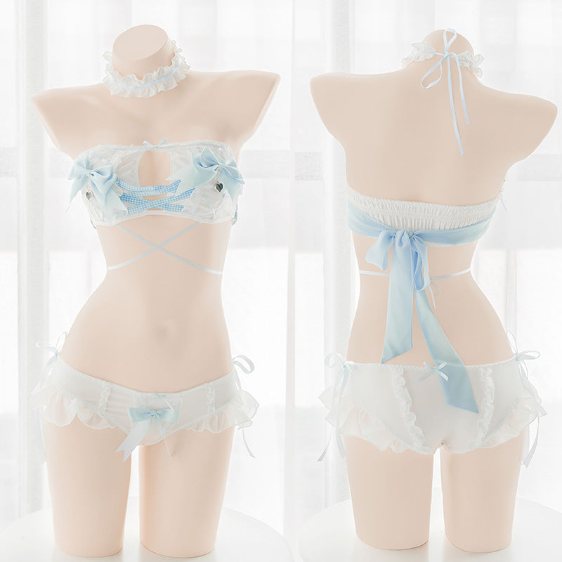 Sexy Hollow Bundled Cute Blue Bow Underwear Suit
