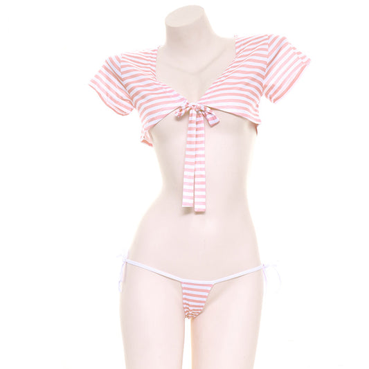 Kawaii Stripped Bow Crop Top Swimsuit
