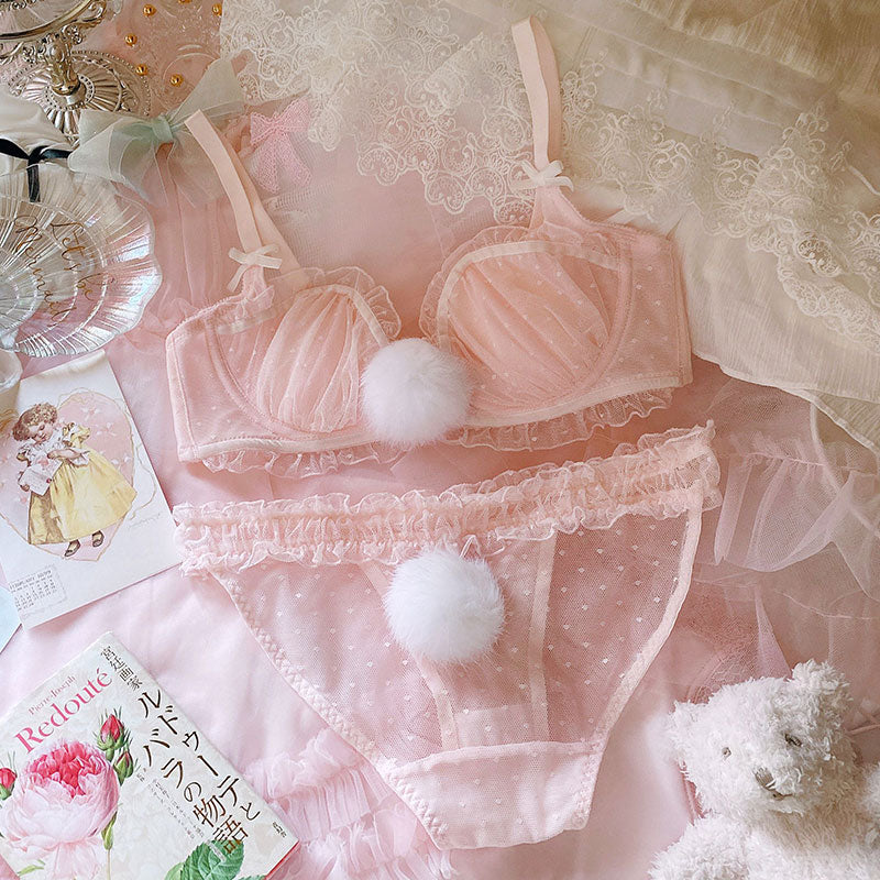 Sofyee  Japanese Cute Pink Furball Rabbit Tail Plus Size Bra Set