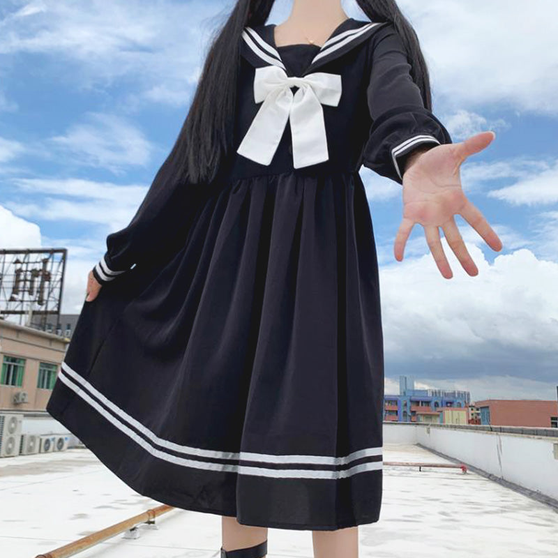 Dark sweet girl navy collar high waist slim long sleeve dress