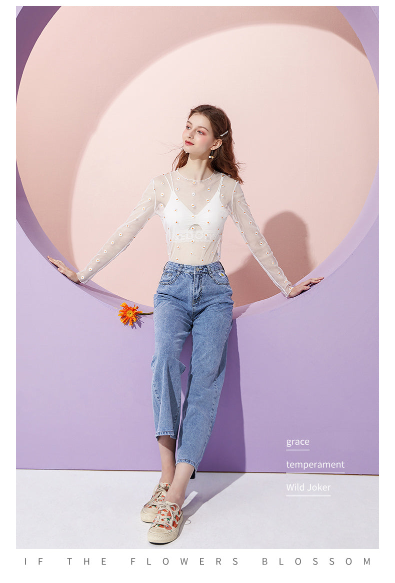 Aesthetic Japanese daisy transparent t-shirt with mesh bottoming shirt