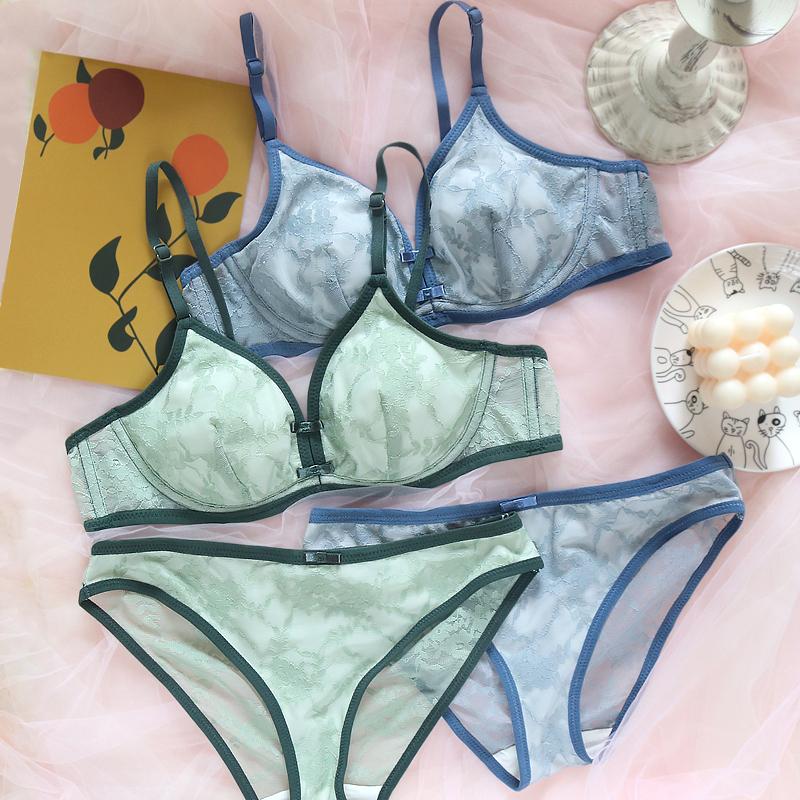 Französische Dessous-Spitze im Retro-Stil, sexy, süß, geraffter Mädchen-BH-Set mit weichem Stahlring 