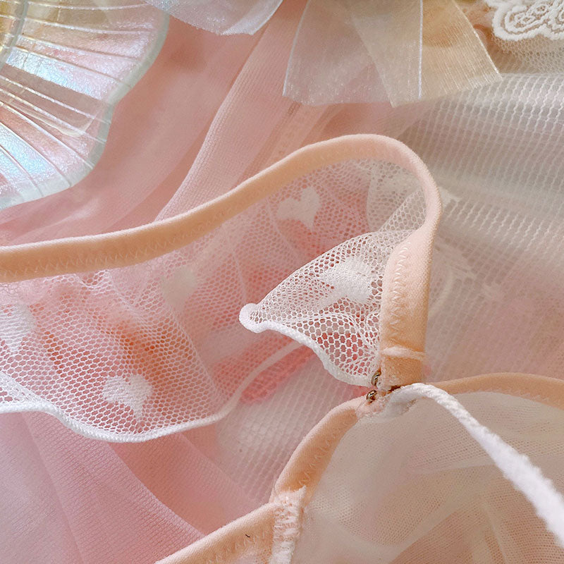 Sofyee  Japanese Sweet And Sexy Love Mesh Lace No Steel Ring Triangle Cup Bra Set